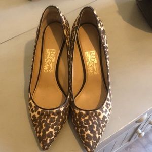 Leopard pattern cow hide Salvatore Ferragamo heels. Made in Italy. Size 10